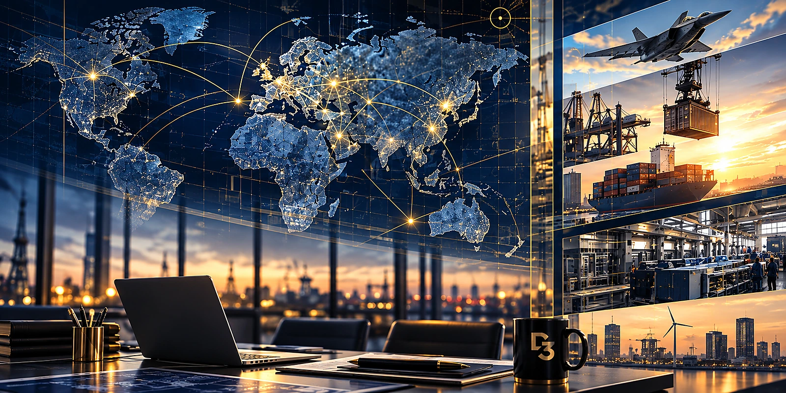 Global strategic capability visual illustrating technology transfer, industrial production, capital flows, defence, logistics and trusted international ecosystems.