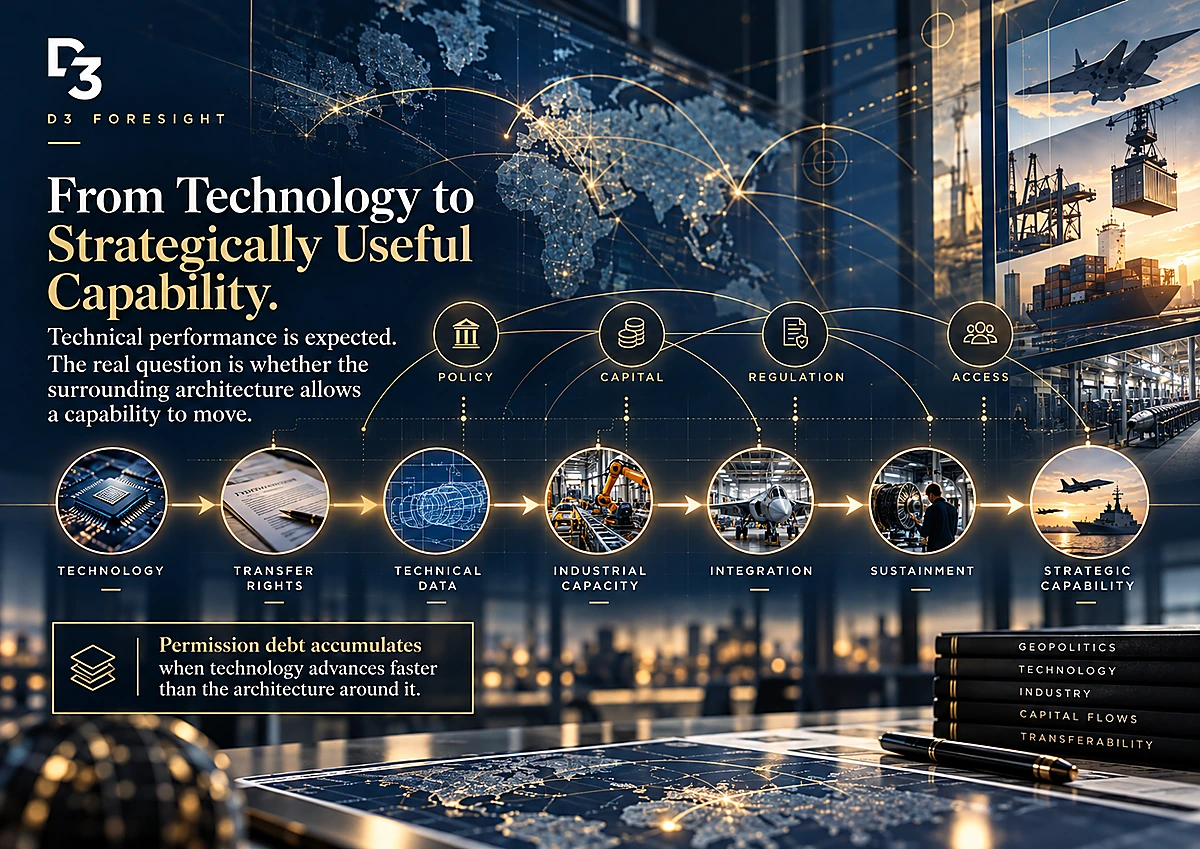 D3 framework showing how technology becomes strategically useful capability through transfer rights, technical data, industrial capacity, integration, sustainment and strategic access.