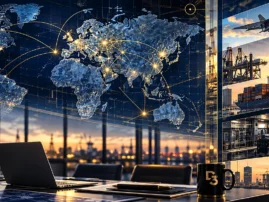 Global strategic capability visual illustrating technology transfer, industrial production, capital flows, defence, logistics and trusted international ecosystems.