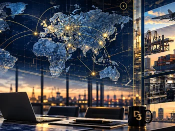 Global strategic capability visual illustrating technology transfer, industrial production, capital flows, defence, logistics and trusted international ecosystems.